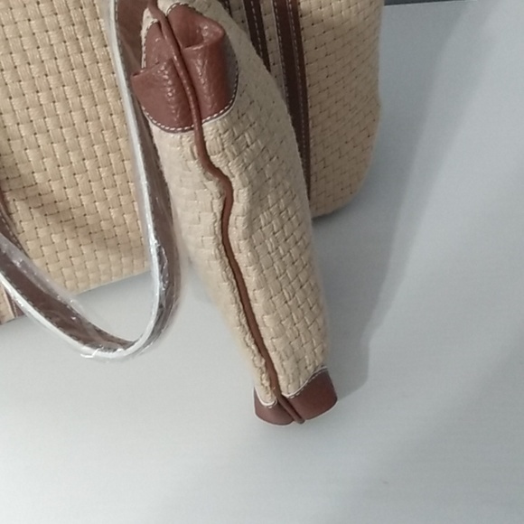 Maxx New York Woven Shoulder Bag with Matching Wristlet | Tan & Brown Vinyl Trim - Picture 6 of 15